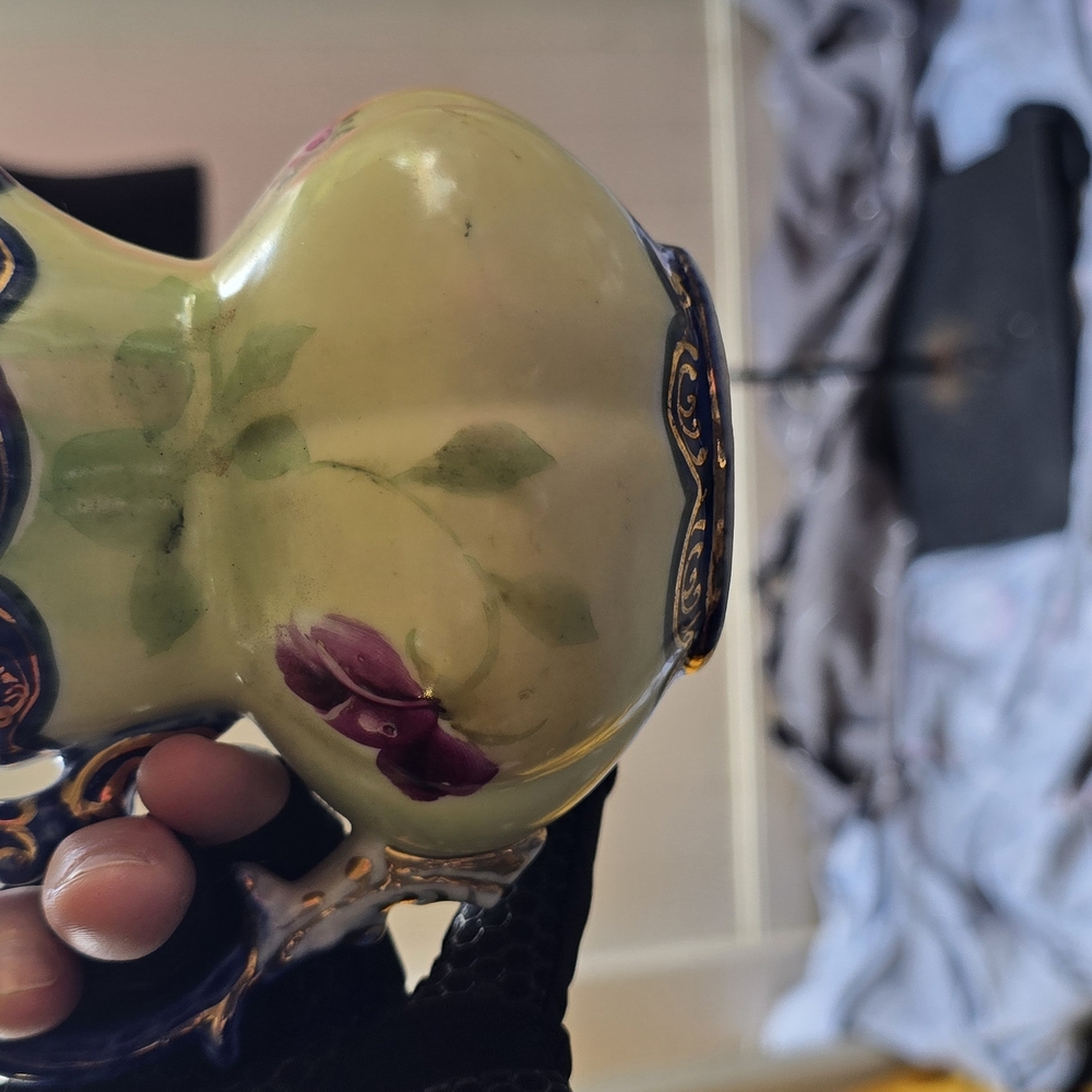 Green and Purple Ceramic Art Vase with Floral Design